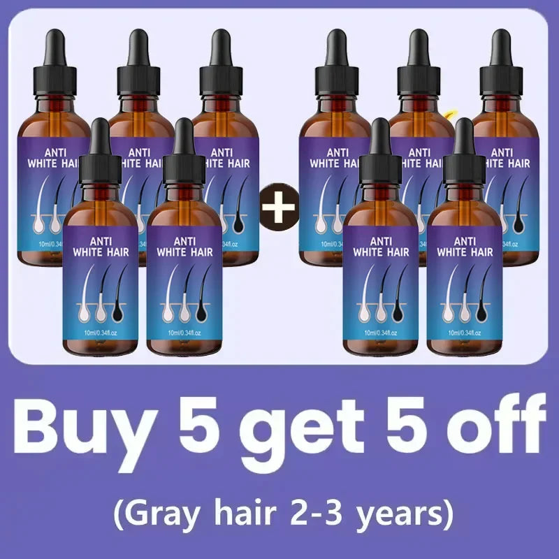 Set of anti-white hair herbal oil bottles promoting grey coverage bar shampoo with buy 5 get 5 offer