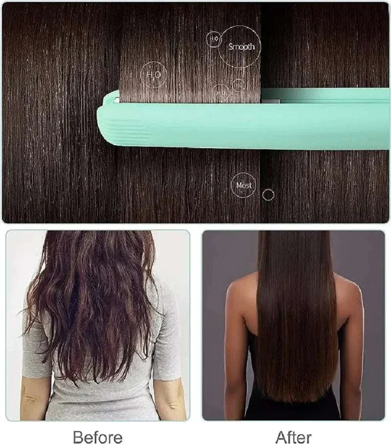 Mini flat iron smoothing and straightening hair showing before and after results for sleek, frizz-free hair.