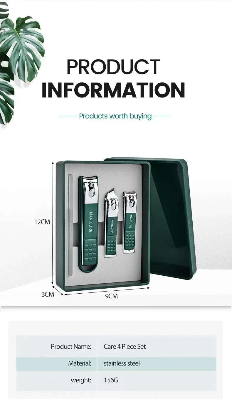 Nail clipper set with ergonomic stainless steel design, includes four grooming tools in a compact travel case.