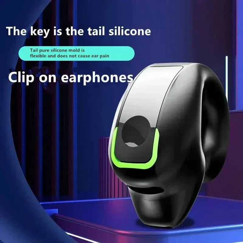 Bluetooth clip-on bone conduction earphone with flexible tail silicone for comfortable, secure fit and open-ear audio.
