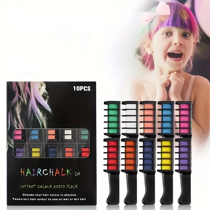 10-Color Mini Hair Dye Comb Set with vibrant temporary hair colors displayed beside a smiling child with colorful hair streaks