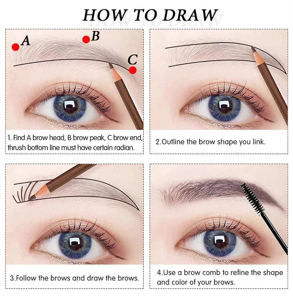 Step-by-step eyebrow shaping guide using eyebrow pencil and comb for precise brow grooming and enhancement