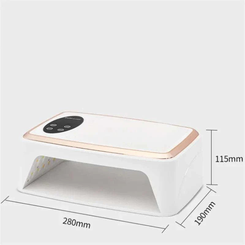 White 90 LEDS nail dryer UV/LED lamp with digital timer display and rose gold trim, dimensions 280mm x 190mm x 115mm.