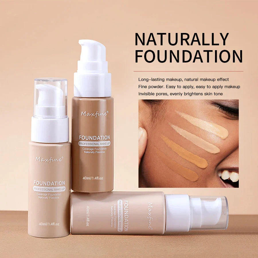 Three bottles of Maxfine liquid foundation in varying shades with swatches on a model’s cheek showing natural, even coverage for long-lasting makeup.