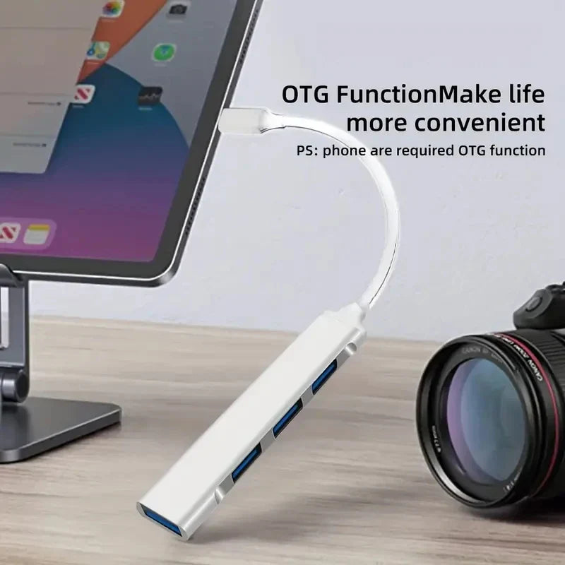4 Port Multi Splitter USB-C hub with OTG function for fast data transfer and multiple device connectivity