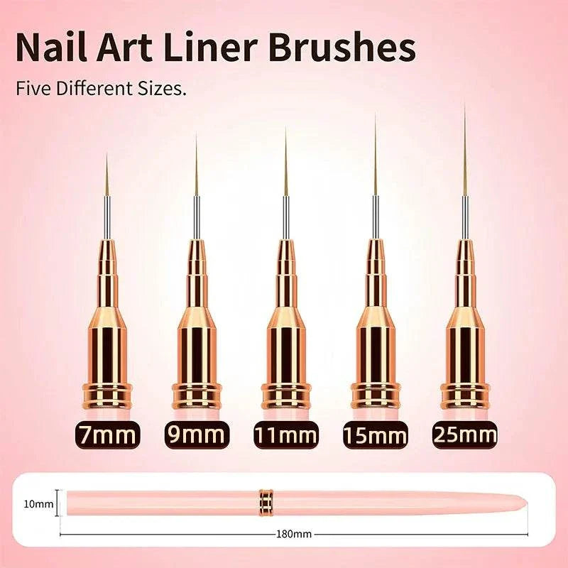 Set of 5 rose gold nail liner brushes in sizes 7mm, 9mm, 11mm, 15mm, and 25mm for precise nail art designs