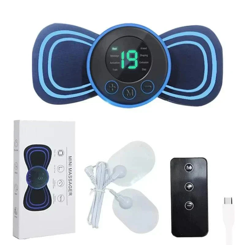 Mini Neck Massager with remote control, portable design, multiple massage modes, and USB charging for stress relief and muscle relaxation.