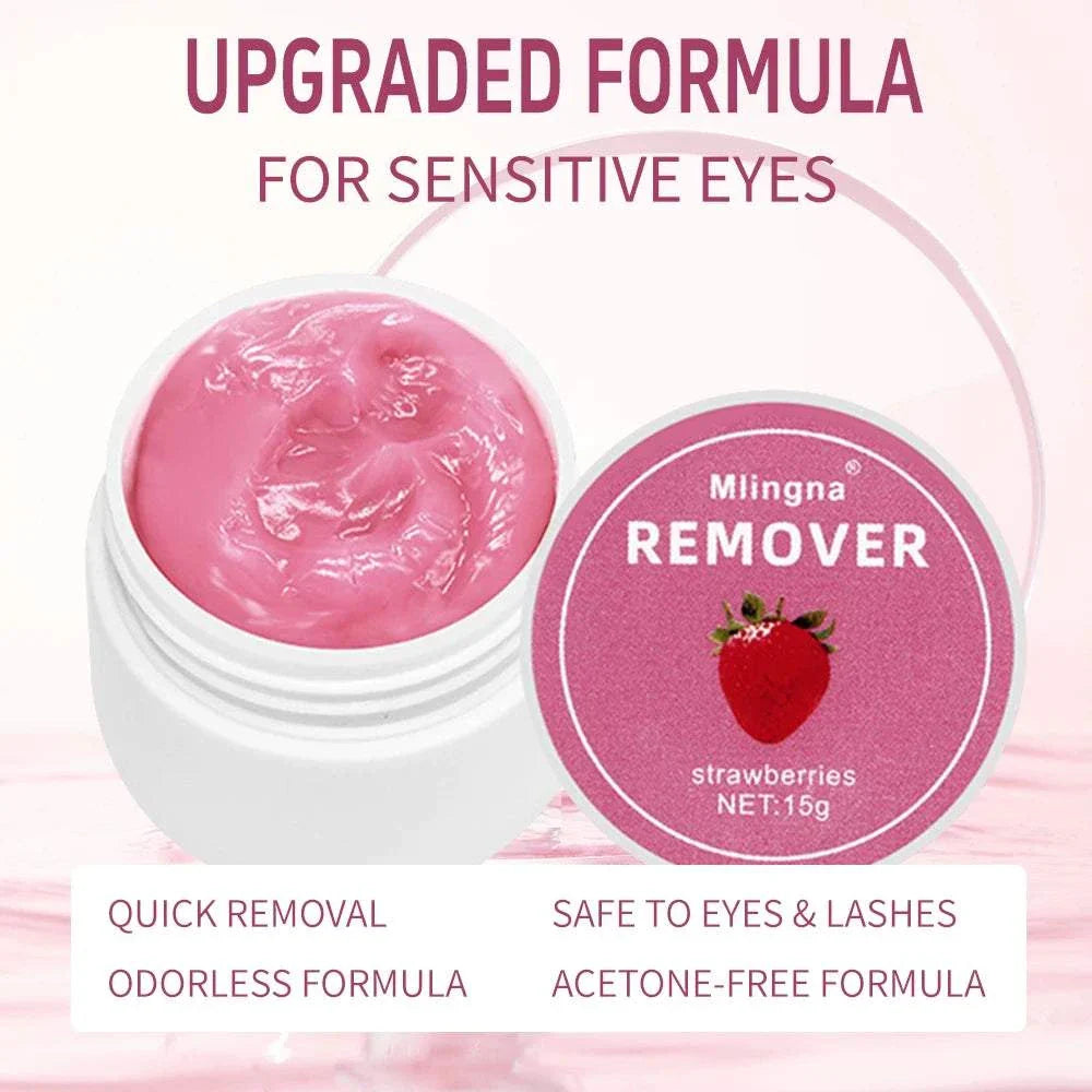 Eyelash glue remover cream with upgraded formula for sensitive eyes, quick and safe eyelash adhesive removal, acetone-free, 15g jar with strawberry scent