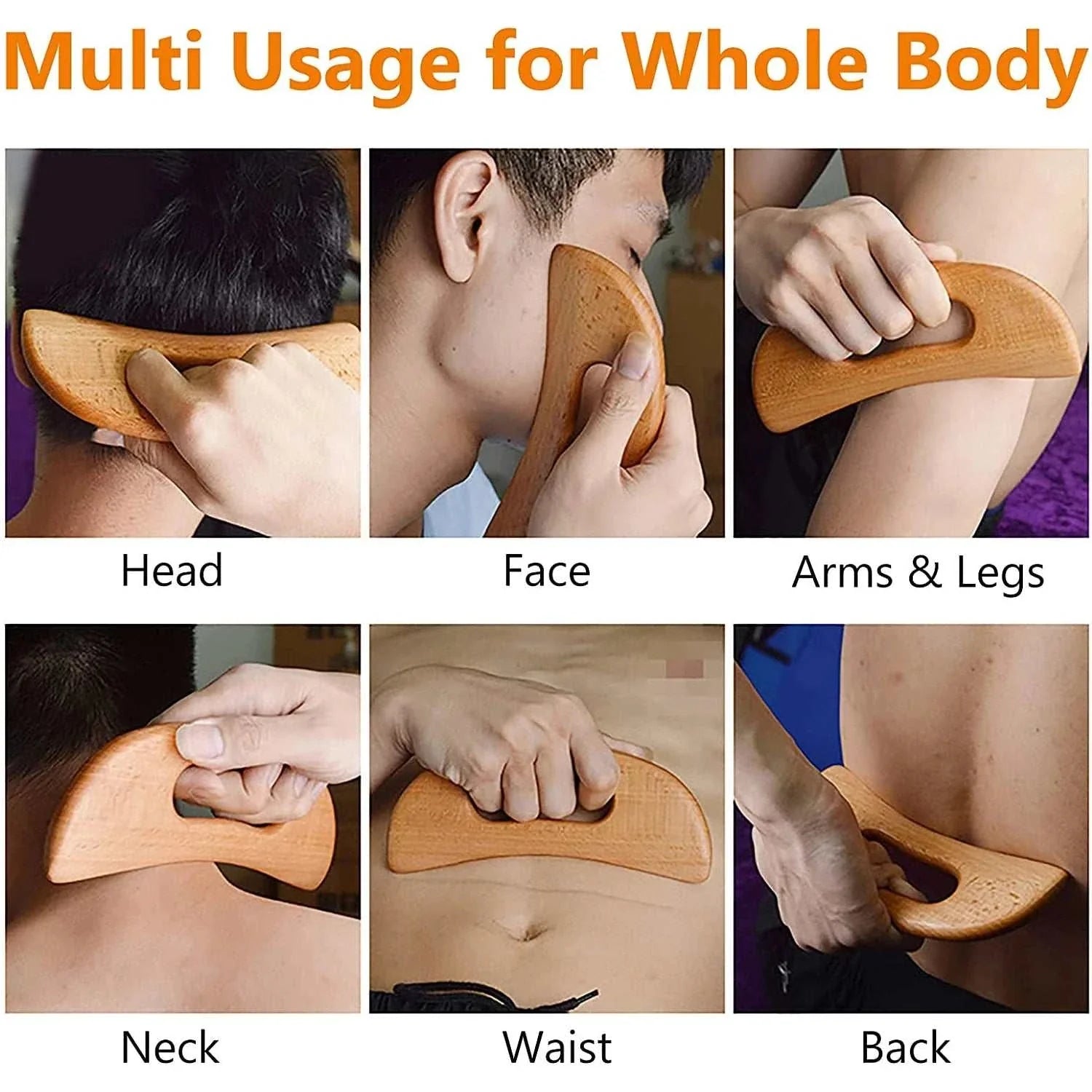 Wooden Gua Sha Tool for full body massage and anti-cellulite therapy on head, face, arms, legs, neck, waist, and back.