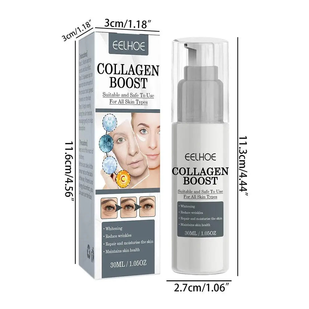 Collagen Boost Firming Essence Cream bottle and box with product benefits for all skin types including whitening, wrinkle reduction, and hydration.