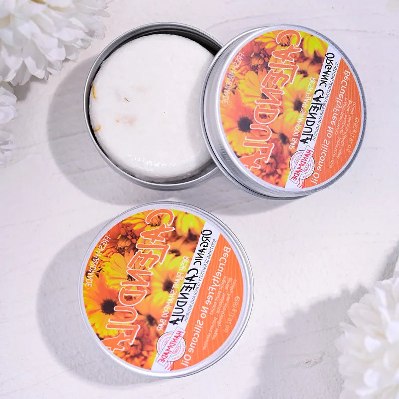 Calendula Plant Shampoo soap bar in eco-friendly tin for oil control and scalp purification