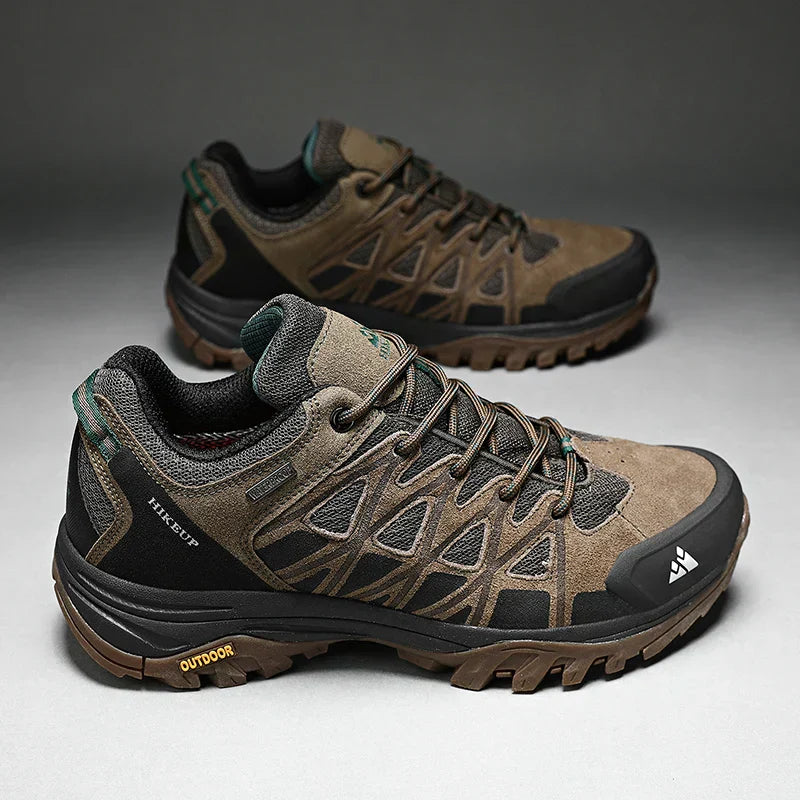 Durable men's hiking shoes with superior grip, breathable design, and all-terrain performance in brown and black colors