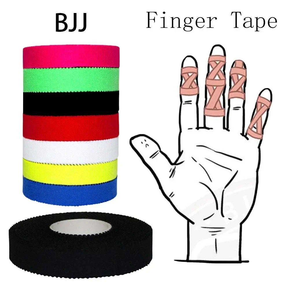 Colorful rolls of Jiu-Jitsu bandage elastic finger tape and illustration of fingers wrapped with self-adhesive sports tape for joint protection and grip support