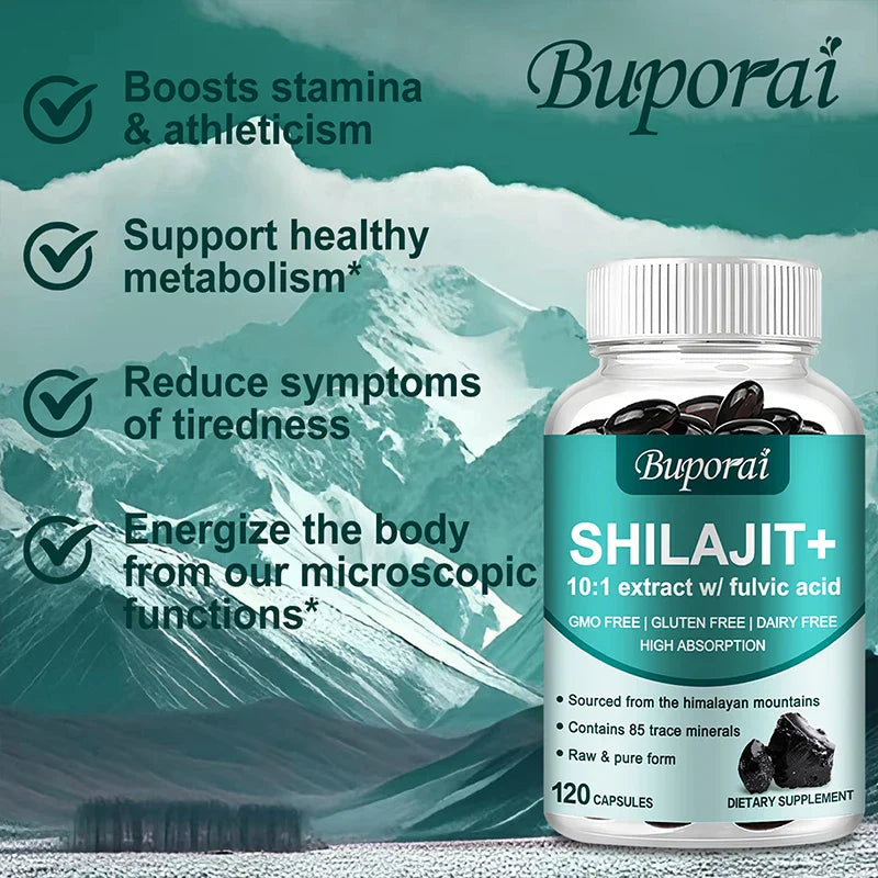 Buporai Shilajit+ supplement bottle with mountain background highlighting stamina, metabolism, and energy benefits
