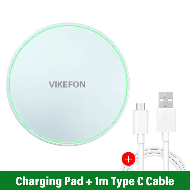 30W wireless charger pad with green LED ring and included 1-meter white USB Type-C cable