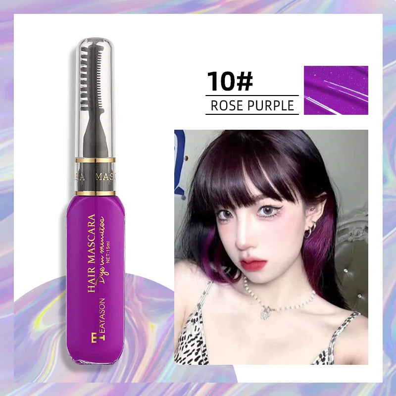 13 Colors One-Off Hair Color Mascara in rose purple with brush and model showing vibrant temporary hair color application