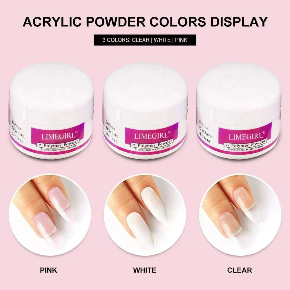 Nail Acrylic Powder & Liquid Monomer Kit with three colors: clear, white, and pink for professional nail extensions and 3D designs.