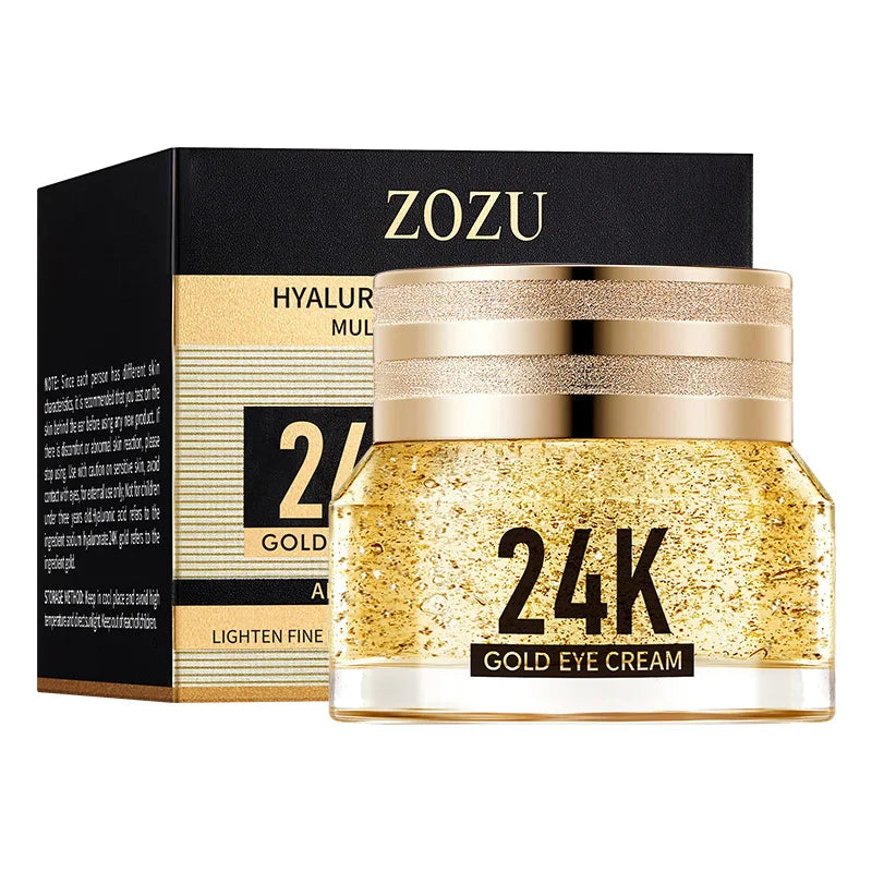 24K Gold Hyaluronic Acid eye cream jar with gold flakes and black and gold box packaging