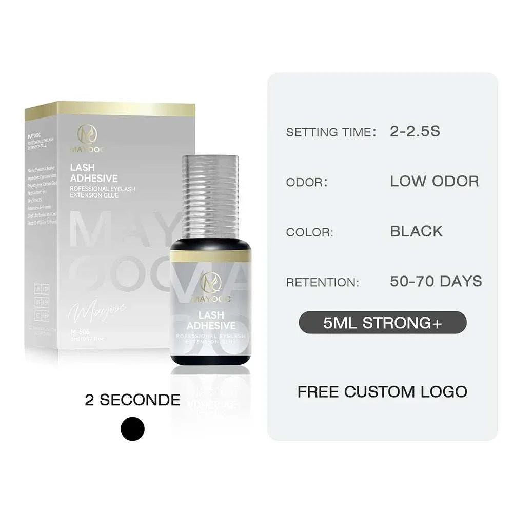 MAYOOC professional 0.3 sec eyelash extension glue with fast drying, low odor, black color, and 50-70 days retention in 5ml bottle with custom logo option
