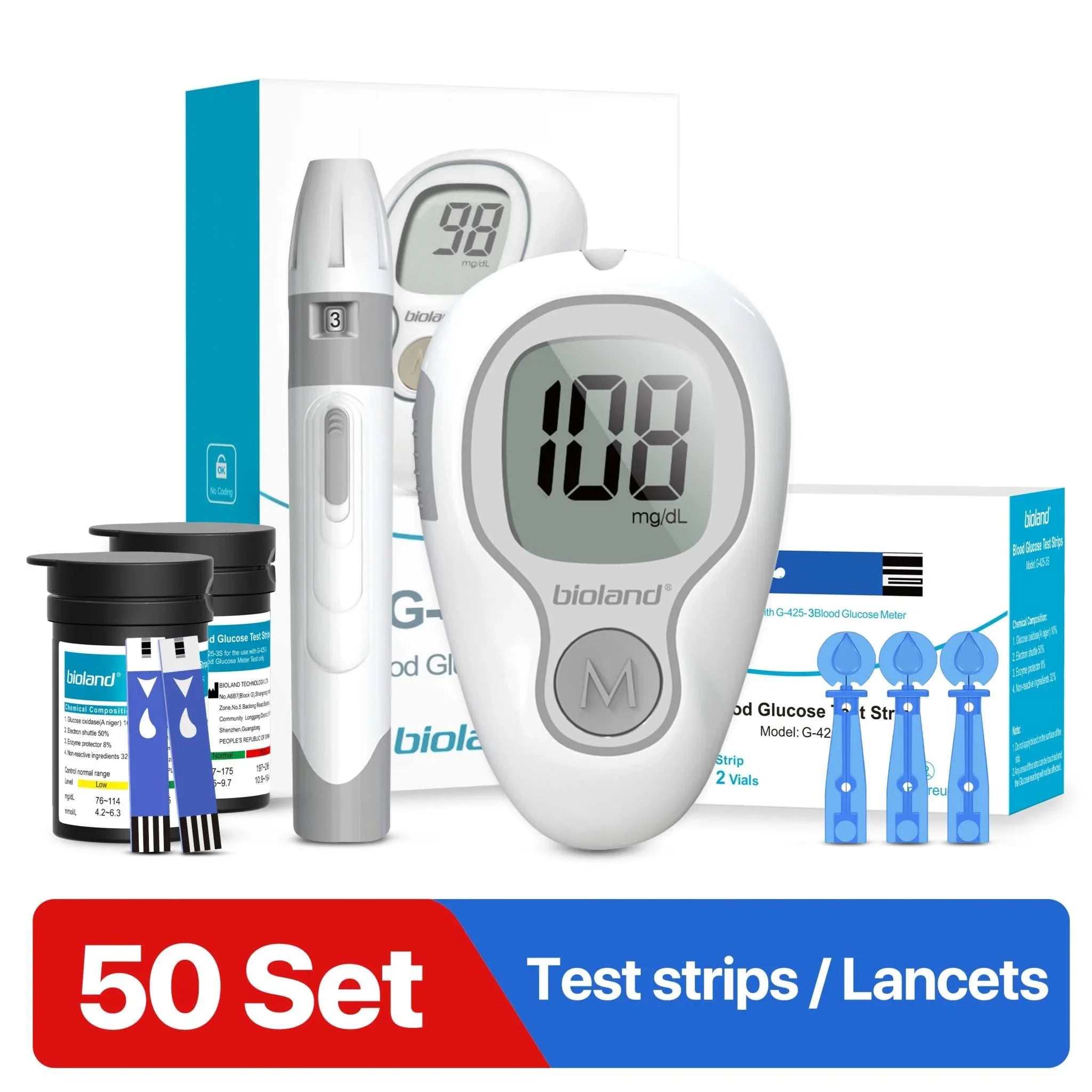 Blood Glucose Meter kit with digital monitor, lancets, and test strips for accurate and fast diabetes blood sugar testing.