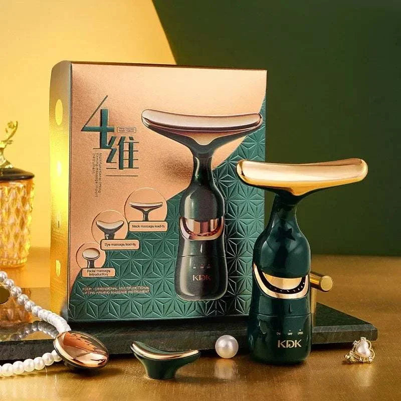 3-in-1 Facial Lifting Device with EMS microcurrent technology, LED light therapy, and massage modes for face, neck, and eyes, rechargeable and portable beauty tool.