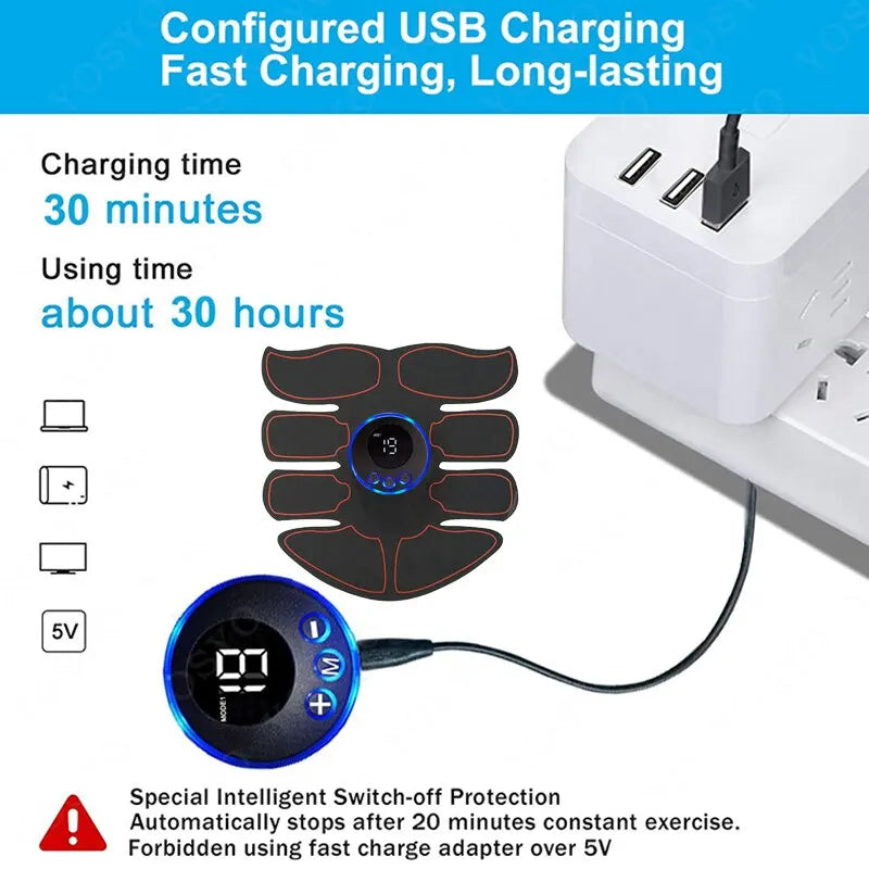 USB rechargeable abdominal muscle massage device with EMS technology and multiple intensity levels for toning and strengthening muscles