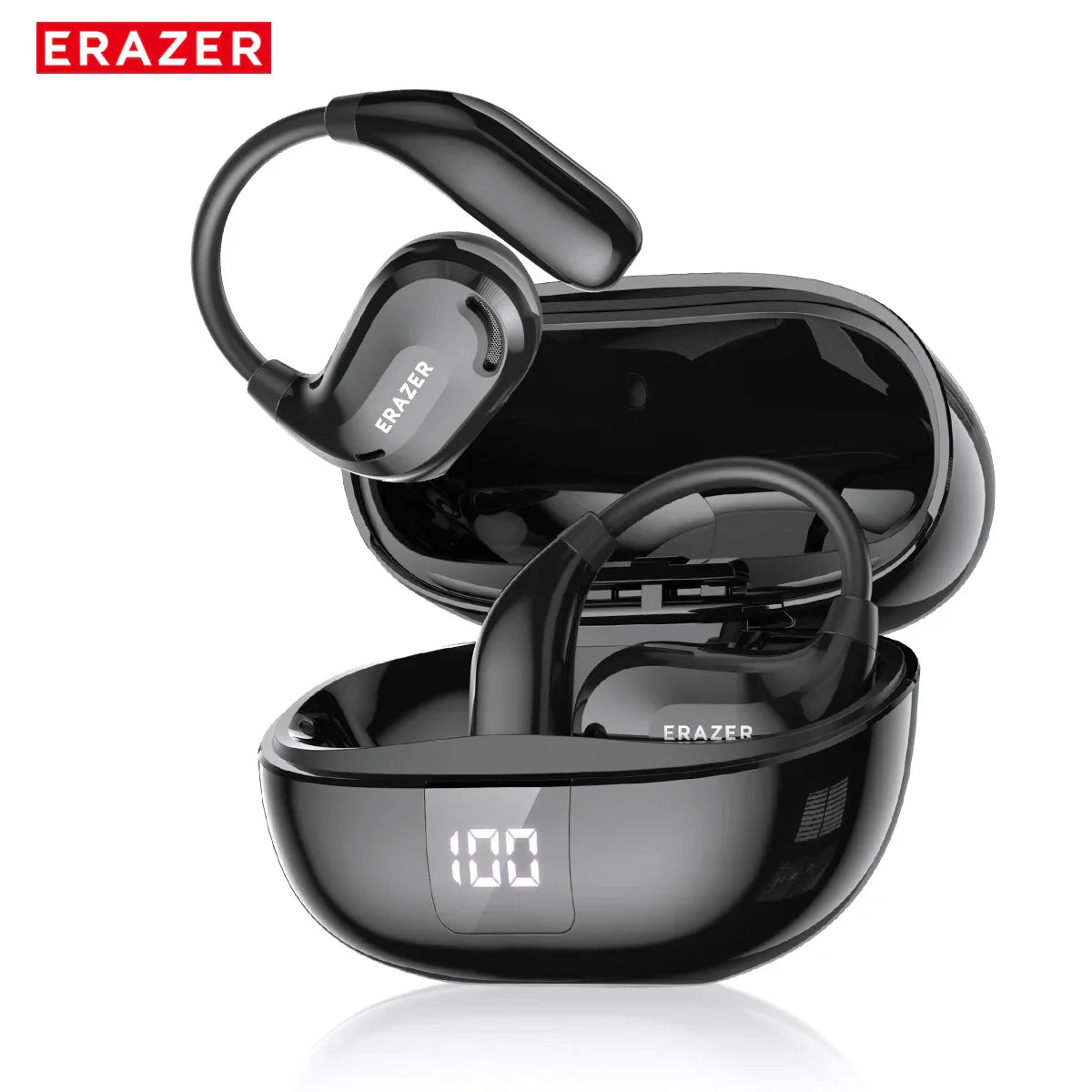 ERAZER XT66PRO Bluetooth earphones with ergonomic design, LED charging case display, and wireless Bluetooth 5.3 connection.