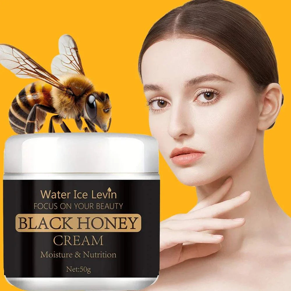 Bee Venom Wrinkle Remover face cream with black honey and bee illustration, moisturizing and anti-aging skincare product.