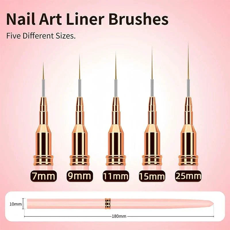 5pcs nail liner brush set with five sizes for precise nail art detailing and designs