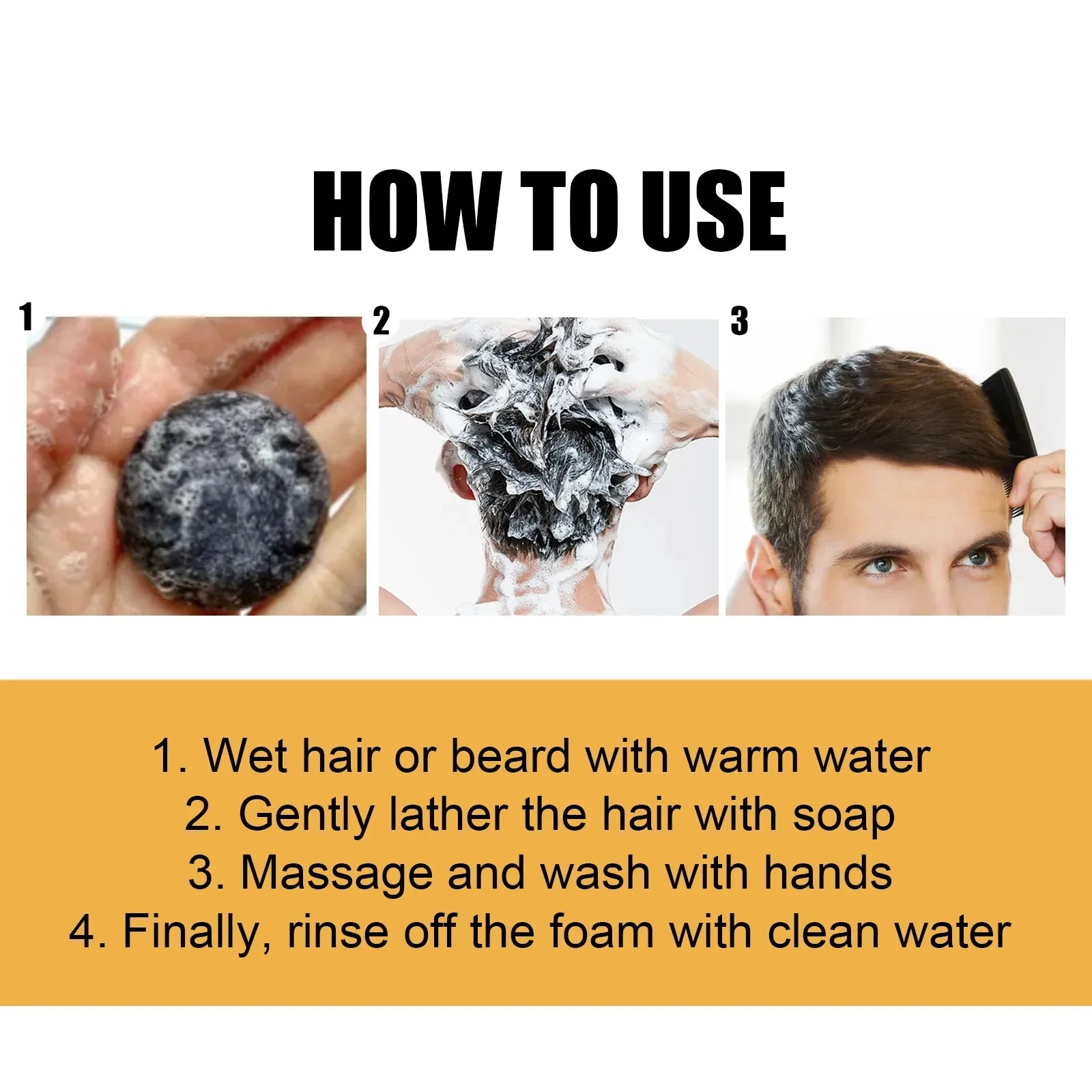 How to use Polygonum Black Hair Soap for natural gray hair darkening and nourishing shampoo with lathering and rinsing steps