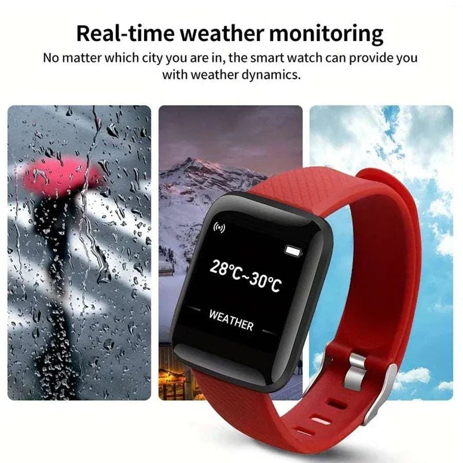 Multifunction Smart Watch with red strap displaying real-time weather monitoring and temperature range on screen