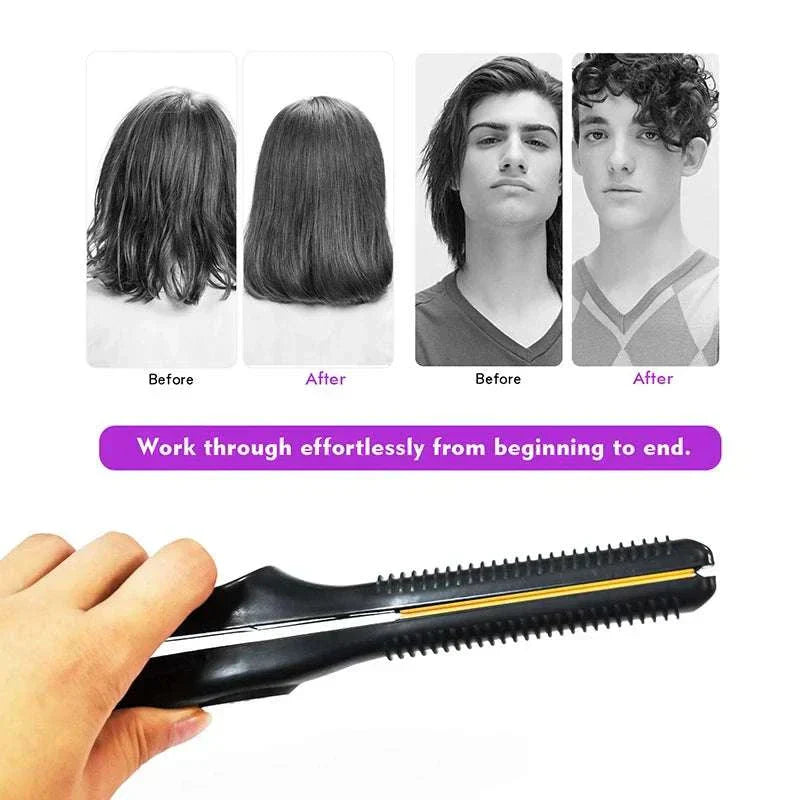 Mini Teddy Wave Hair Straightener compact black styling tool with before and after images showing smooth, straight hair results for men and women