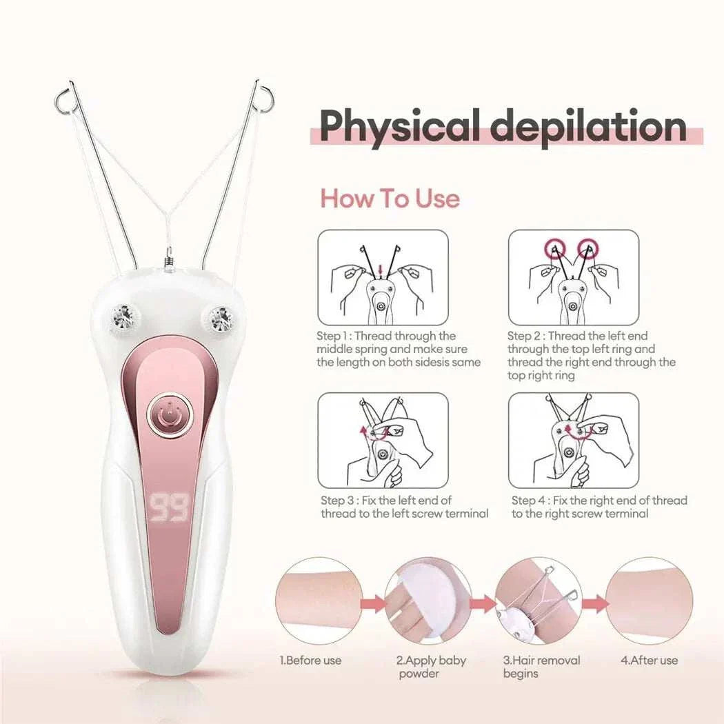 Electric body hair remover with cotton thread epilation technology, rechargeable and cordless design for safe, gentle, and efficient full-body hair removal including sensitive areas.