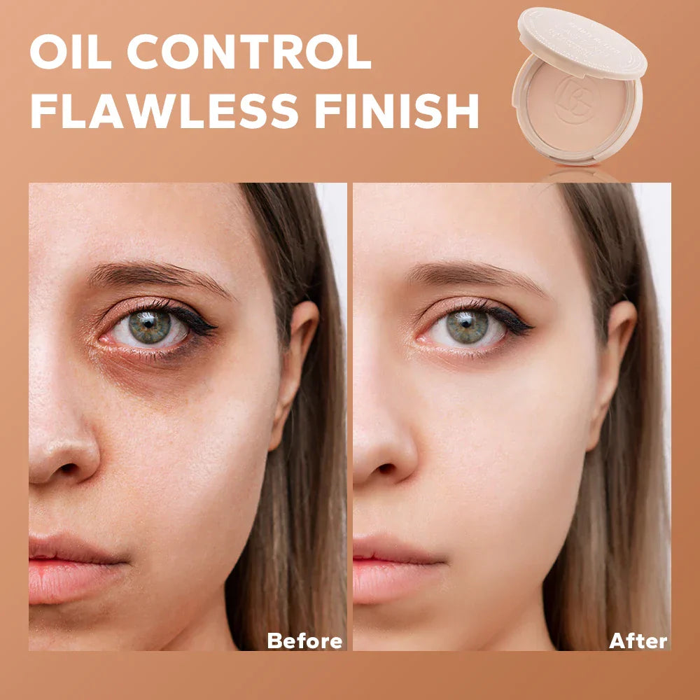 BEAUTY GLAZED Oil Control Matte Face Powder before and after comparison showing oil control and flawless matte finish