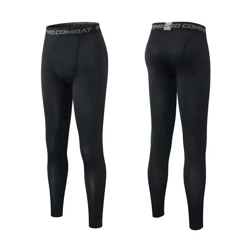 Black men's compression workout tights front and back view with Pro Combat waistband, designed for muscle support and breathability.