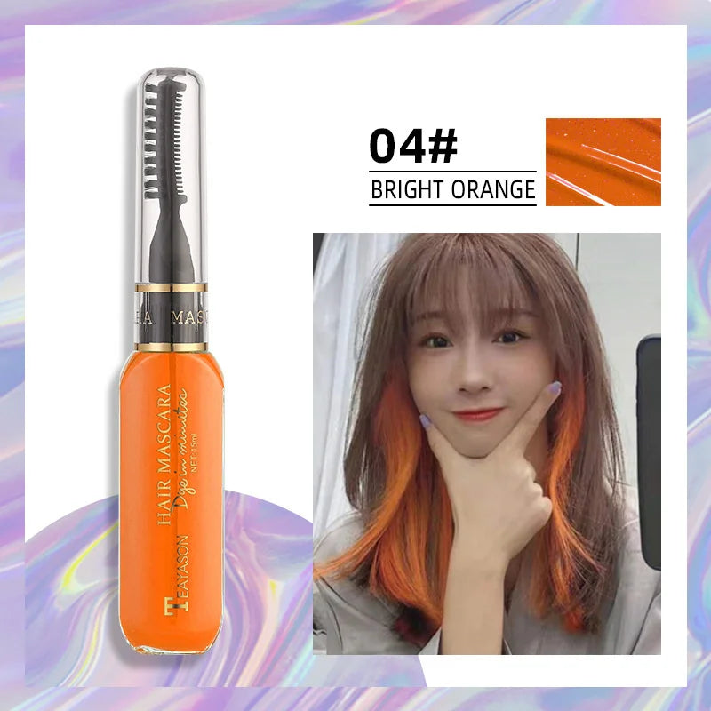 13 Colors One-Off Hair Color Mascara in bright orange with brush applicator and model showing vibrant washable hair streaks