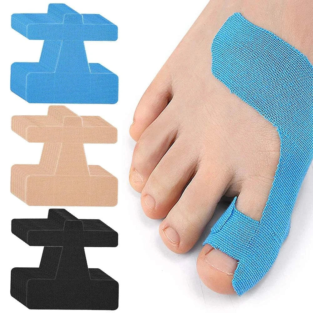Bunion corrector orthopedic strap in blue, beige, and black, worn on foot to realign big toe and relieve bunion pain.