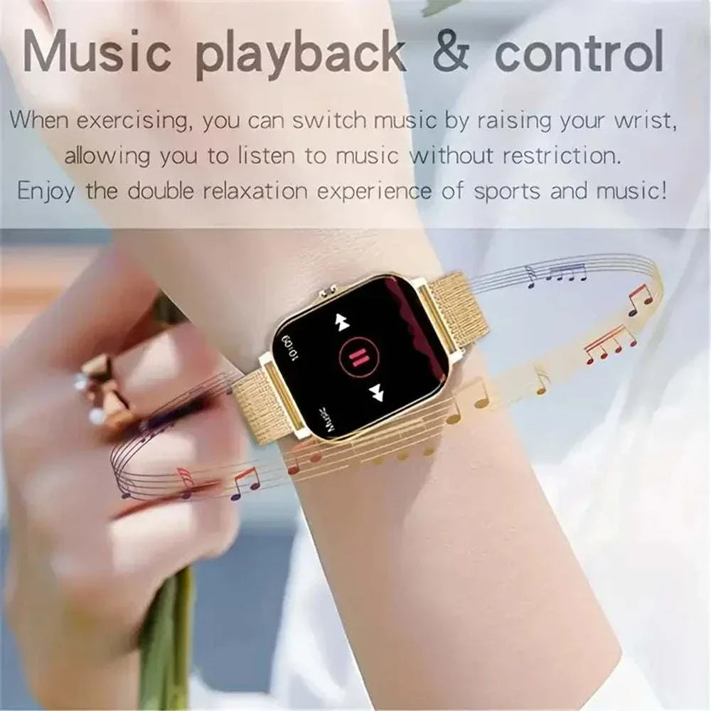 KESHUYOU 2025 Smart Watch with gold strap displaying music playback controls on wrist