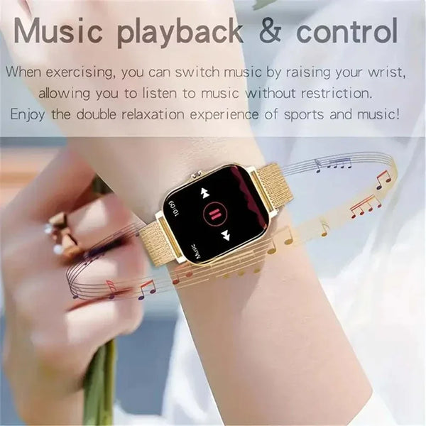 KESHUYOU 2025 Smart Watch with gold strap displaying music playback controls on wrist