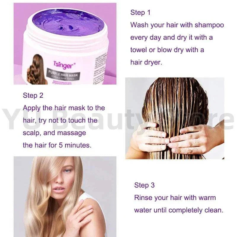 Purple Repair Hair Mask jar with purple hair mask cream and woman applying hair treatment for deep nourishment and repair.