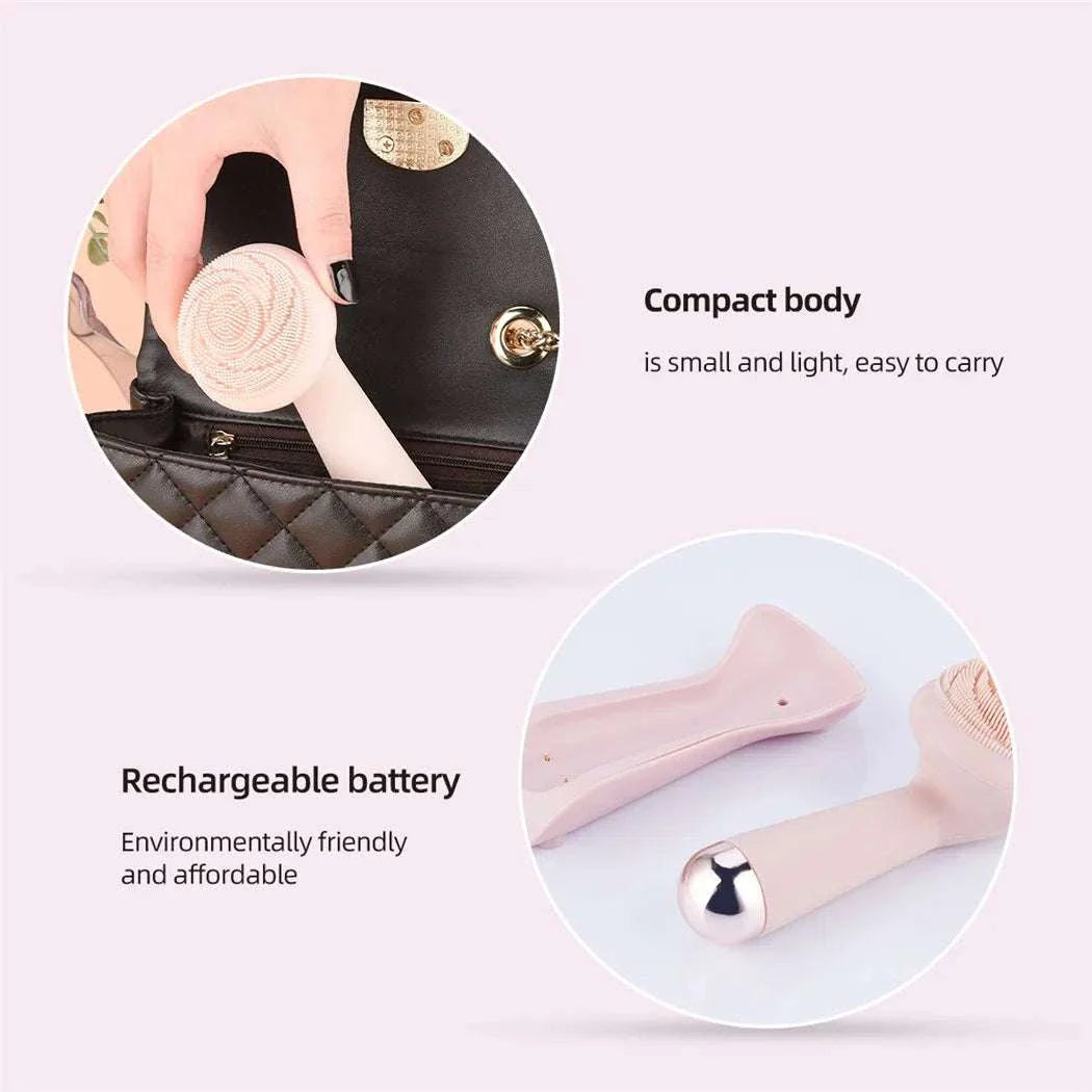 Compact electric silicone facial brush with rechargeable battery, portable and lightweight design for deep pore cleansing and gentle facial massage.