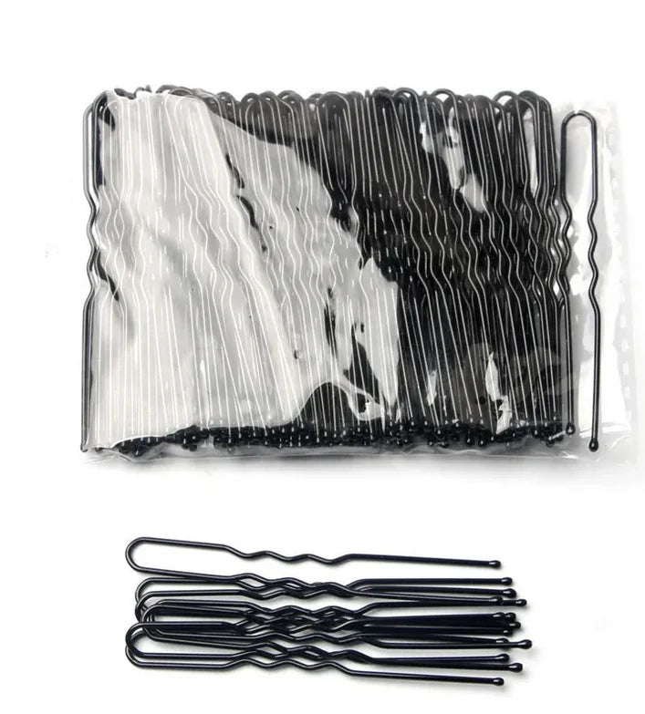 50 black U-shaped metal hair pins with waved grip, secure hold, rust-resistant in a 50-piece pack