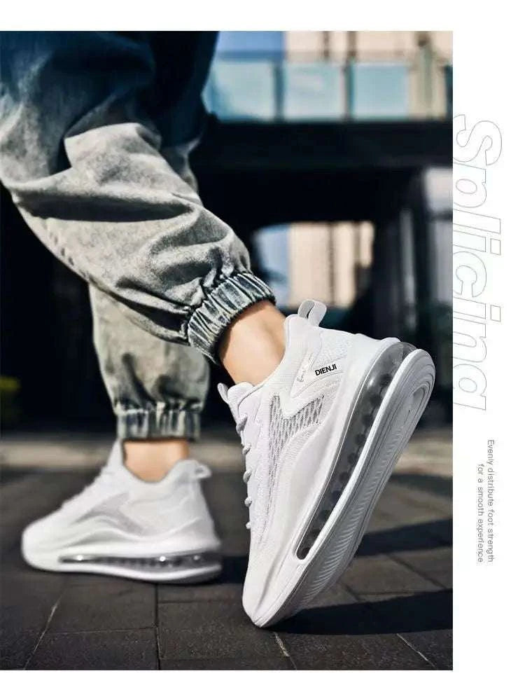 Men's white casual air cushion running shoes with breathable mesh upper and durable outsole grip, styled for everyday wear.