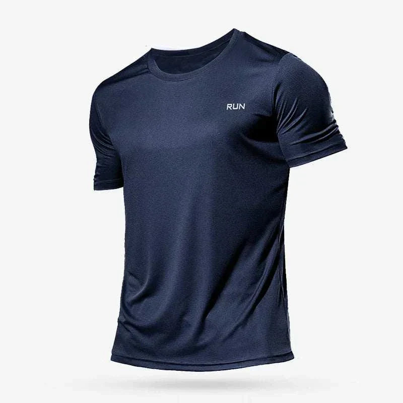 Men’s navy quick-dry compression sport t-shirt with breathable, lightweight fabric and muscle-supporting fit for fitness and training