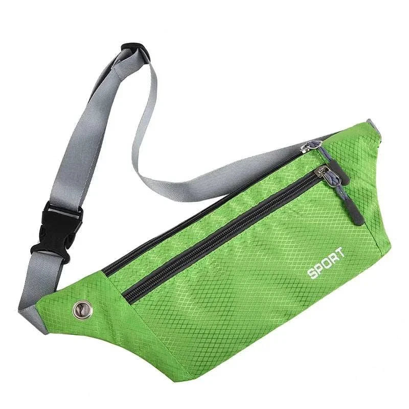 Green nylon waist and chest bag with adjustable gray strap and black zipper, lightweight and durable for sports and travel
