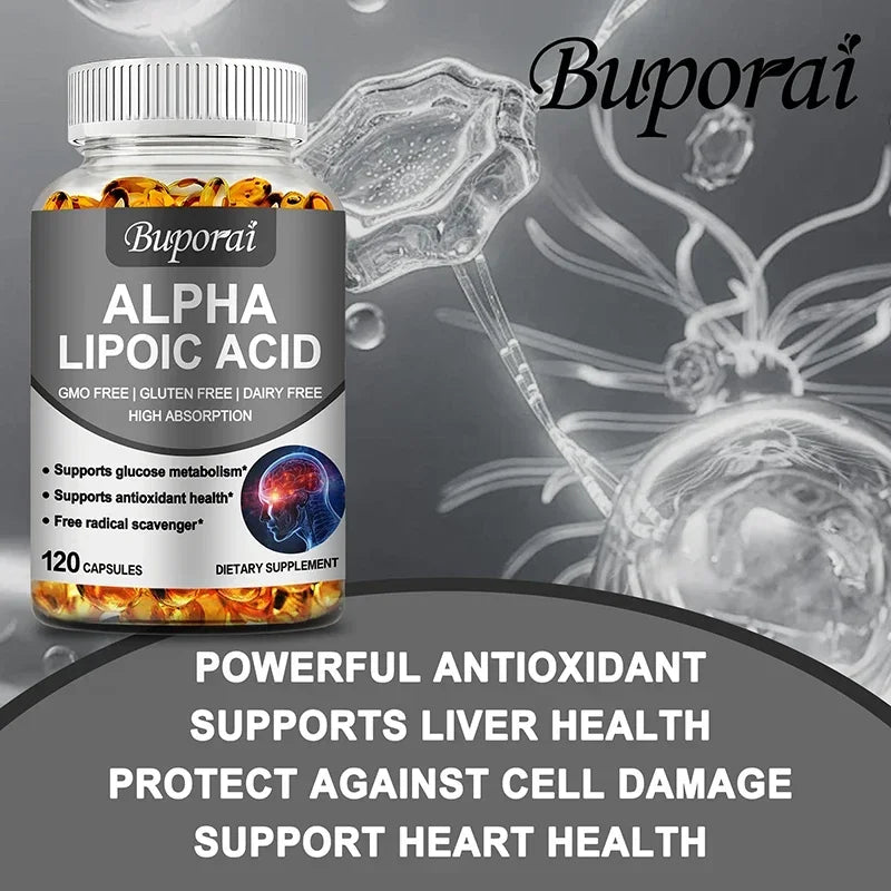 Bottle of Buporai Alpha Lipoic Acid 600mg dietary supplement capsules with antioxidant and liver health support claims.
