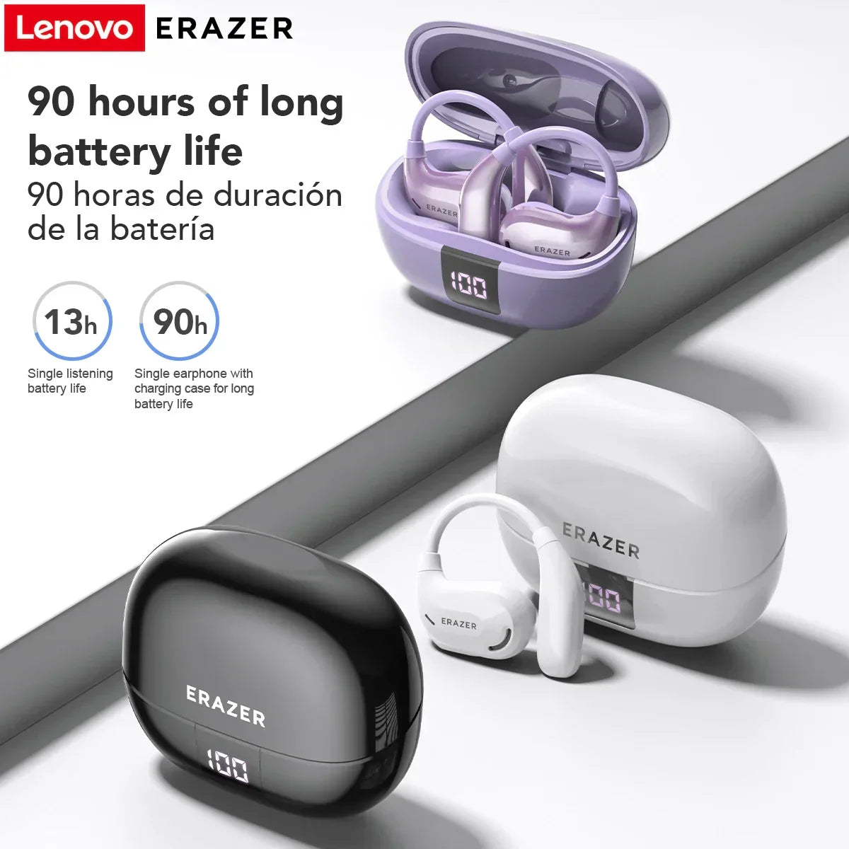 ERAZER XT66PRO Bluetooth earphones in black, white, and purple with digital display charging cases showing battery life