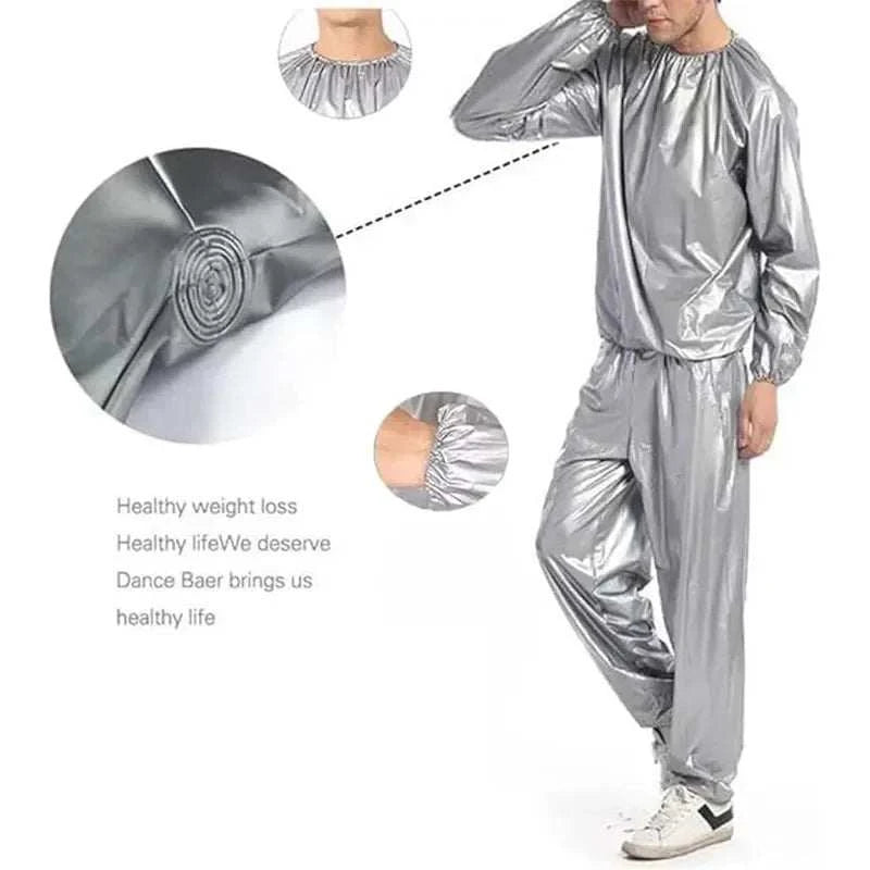 Silver PVC sauna suit for men and women designed to increase sweating and support weight loss during workouts
