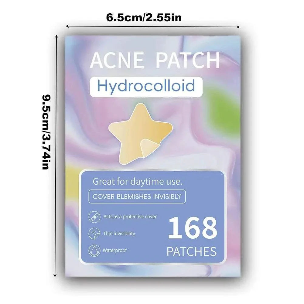 Colorful star-shaped hydrocolloid acne patches pack of 168 for invisible, waterproof blemish protection and fast healing.