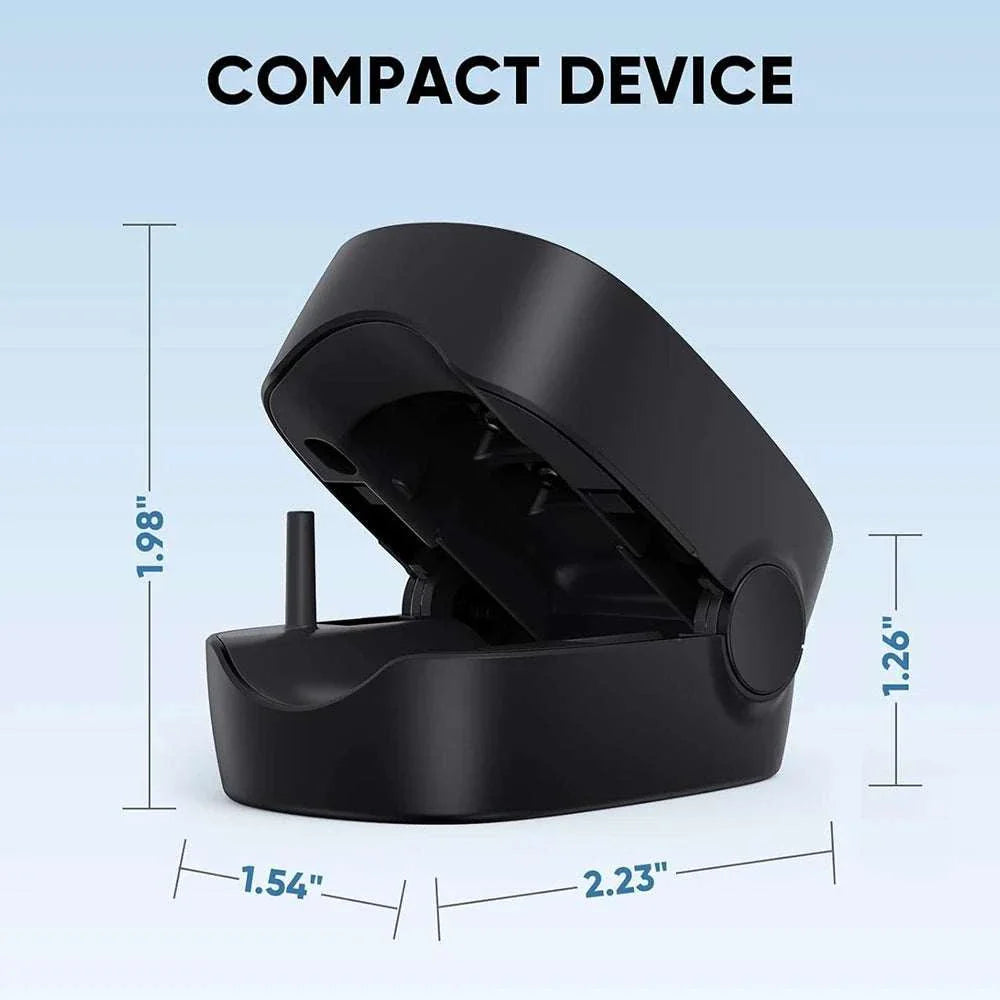 Compact black nail care device for fungal treatment and nail repair with ergonomic design and travel-friendly size